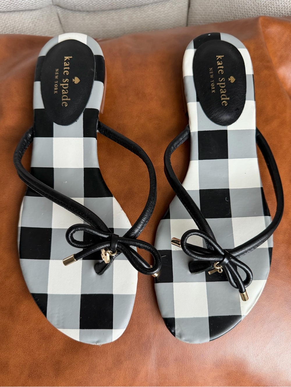 kate spade Black & White Gingham Bow Strap Sandals